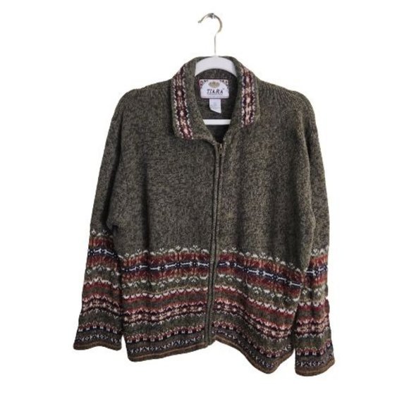 Tiara International Sweaters - Tiara International Vintage Olive FairIsle Full Zip Cardigan Sweater Size XL